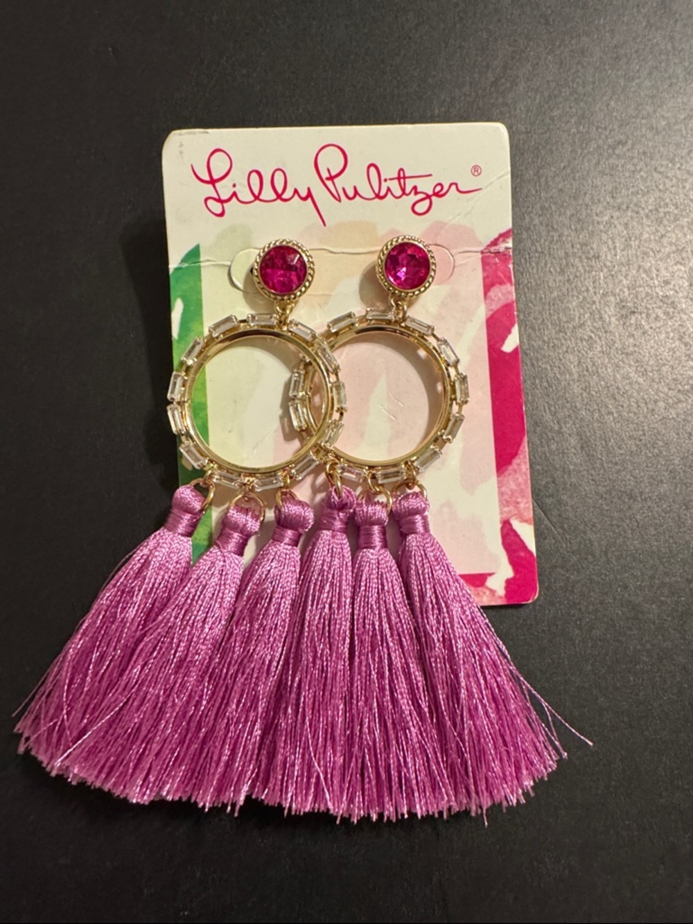 Lilly Pulitzer Fuchsia Tassel Hoop Earrings with Gold Accents
